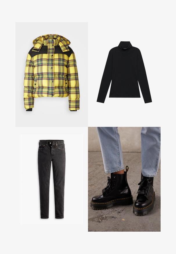 Gulternet pufferjakke med sorte skulderdetaljer, der har hætte, trykknapper og ribbede manchetter. Struktureret ternet mønster hele vejen igennem.; Sort turtleneck med lange ærmer. Blødt stof, tætsiddende design, høj krave og sidesøm. Simpel og alsidig stil, der er velegnet til lag-på-lag.; Sorte denim jeans med lige ben, der har fem lommer, kobberhardware og en let slidte måde.; Person iført lyseblå jeans og sorte læder platformssnørestøvler med gul syning på en beton gulv.