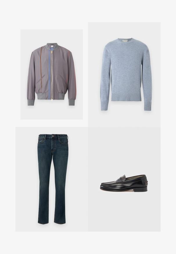 Blouson bomber gris zippé avec poignets et col côtelés, présentant des rayures verticales marron, bleues et rouges sur le devant et les manches.; Pull en tricot bleu clair avec un col rond, des bords côtes aux poignets et à l'ourlet. Fabriqué à partir de matériaux doux, il présente une texture lisse et une finition subtile.; Jean en denim droit bleu foncé avec fermeture à bouton et à glissière, poches avant et arrière, et un léger délavage sur les cuisses.; Mocassins en cuir noir avec un design de style mocassin, présentant une bande décorative et un détail de couture sur le dessus. Talon bloc bas.
