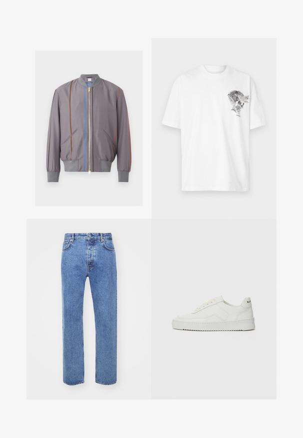 Blouson bomber gris zippé avec poignets et col côtelés, présentant des rayures verticales marron, bleues et rouges sur le devant et les manches.; T-shirt blanc en coton avec un col rond. Présente un graphique noir et gris d'un crâne avec un aigle et des accents feuillus sur le devant.; Won Hundred STEVE - Jean boyfriend - cut blue; Baskets en cuir blanc avec une finition lisse, bout arrondi, lacets plats et semelle texturée. Présente un logo discret sur le talon.