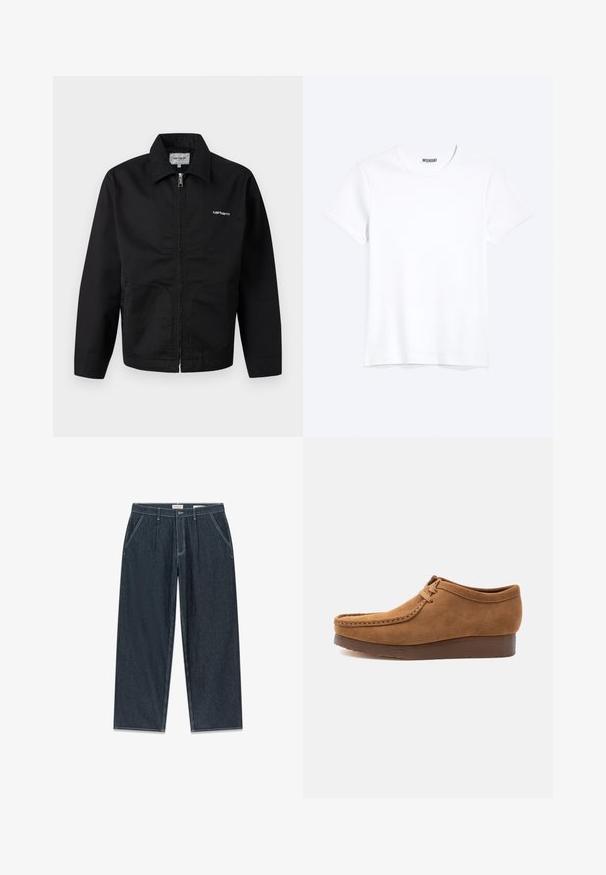 Veste noire à fermeture éclair avec col, manches longues, et logo blanc "Carhartt" sur la poitrine, présentée sur un fond uni.; T-shirt blanc uni à manches courtes et col rond avec une étiquette de la marque WEEKDAY visible au niveau du col, présenté sur un fond clair.; Pantalon large à rayures verticales bleu foncé avec fermeture éclair et bouton, quatre poches, et détails de coutures contrastantes blanches.; Mocassin à lacets en daim marron avec semelle épaisse foncée, vue latérale sur fond clair uni.