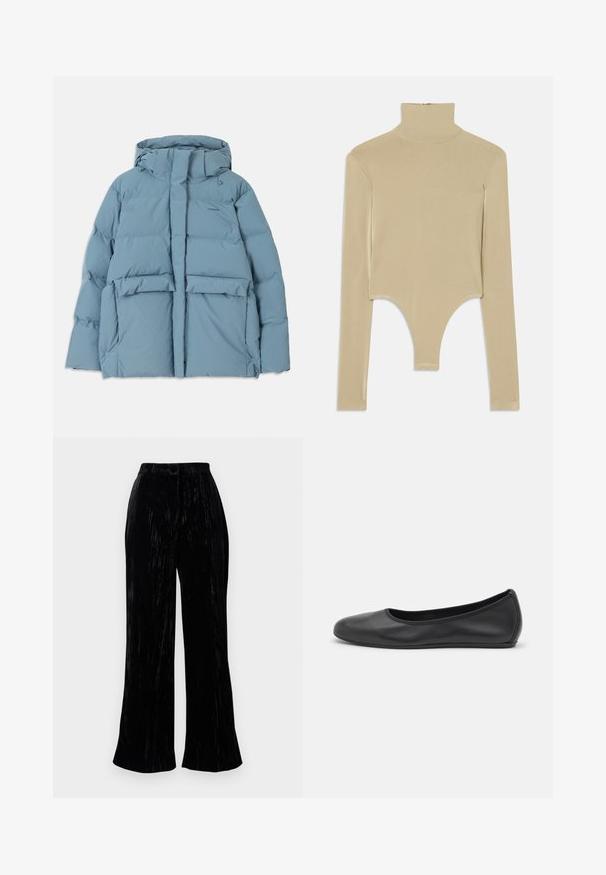 Helles blaues Daunenjacke mit Kapuze, mit einem Reißverschluss, zwei Vordertaschen und gestepptem Design zur Isolierung.; Beige Langarm-Turtleneck-Oberteil aus glattem Stoff, mit einem ausgeschnittenen Unterteil, das eine körpernahe Passform und ein minimalistisches Design aufweist.; Schwarze Samt-Hosenträger mit weicher Textur, featuring eine hohe Taille und subtile vertikale Streifen. Maßgeschneidert für einen lässigen Sitz.; Schwarze Leder-Ballettschuhe mit abgerundeter Spitze, glatter Textur, minimalen Nähdetails und einem flexiblen Sohlen-Design.