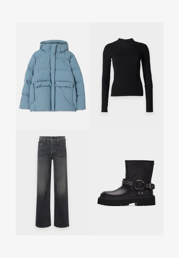 Helles blaues Daunenjacke mit Kapuze, mit einem Reißverschluss, zwei Vordertaschen und gestepptem Design zur Isolierung.; Schwarzes Langarmoberteil mit einer figurbetonten Passform, strukturiertem Stoff und hochgeschnittenem Kragen. Verfügt über einen verdeckten Reißverschluss im Rücken zur Befestigung.; Weite Jeans aus dunkelgrauem Denim mit einem dezenten Verblassungseffekt. Klassisches Fünf-Taschen-Design mit Gürtelschlaufen und sichtbaren Nähten.; Schwarzer Lederstiefel bis zur Mitte der Wade mit dicker Profilsohle, dekorativem Riemen mit silbernen Metallösen und Schnalle an der Seite.