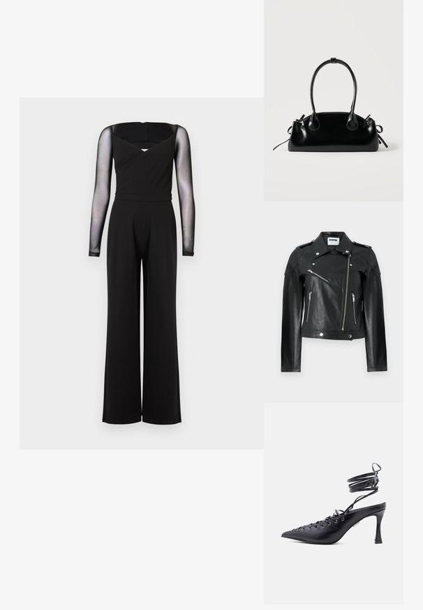 Zwarte leren motorjack met een cropped ontwerp, zilveren ritsen, drukknopen en schouderepauletten. Beschikt over een gestructureerde afwerking.; Zwarte jumpsuit met lange mouwen van doorschijnend gaas, vierkante halslijn, aansluitende taille en wijde pijpen tegen een effen achtergrond.; Zwarte pumps met puntige neus, hoge hak, en een enkelbandje dat om de enkel wikkelt, voorzien van meerdere oogjes voor veters aan de voorkant.; Kleine zwarte glanzende handtas met twee lange hengsels en zijkant trekkoord details op een effen lichte achtergrond.