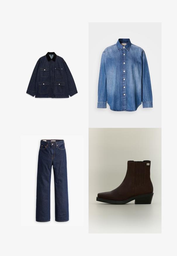 Veste en denim bleu foncé avec un col en velours côtelé, dotée de quatre poches avant, de boutons-pression et d'un design décontracté.; Chemise en jean boutonnée, couleur bleu clair, manches longues, col classique, boutons sur le devant et ourlet légèrement arrondi. Texture lisse.; Jeans en denim droit bleu foncé avec cinq poches, surpiqûres orange et fermeture à boutons.; Bottine en daim marron foncé avec petit talon, panneaux latéraux élastiques et bout carré sur fond gris clair.