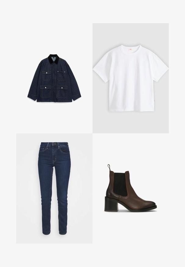 Veste en denim bleu foncé avec un col en velours côtelé, dotée de quatre poches avant, de boutons-pression et d'un design décontracté.; T-shirt en coton blanc à manches courtes, col rond, coupe décontractée, texture lisse, avec une petite étiquette logo sur la couture latérale gauche.; Jean en denim bleu foncé avec une coupe slim, taille mi-haute, poches avant et fermeture éclair. Le tissu a une texture lisse.; Bottes cheville en cuir marron avec panneaux latéraux élastiques, talon bloc, texture lisse et languette à l'arrière pour un enfilage facile.