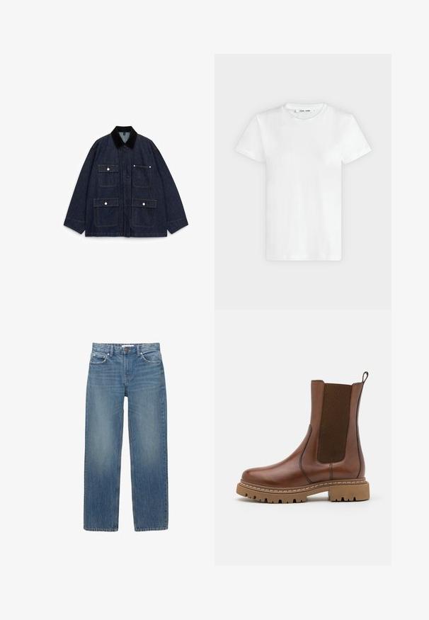 Veste en denim bleu foncé avec un col en velours côtelé, dotée de quatre poches avant, de boutons-pression et d'un design décontracté.; T-shirt blanc uni à manches courtes et col rond, posé à plat sur un fond gris clair, montrant le devant avec l'étiquette à l'intérieur du col.; Jeans en denim bleu clair à coupe droite, avec cinq poches et des éléments en métal de couleur cuivrée. Le tissu présente une légère décoloration et une texture douce.; Bottine en cuir marron avec des panneaux élastiques et une languette de tirage. Elle possède une semelle en caoutchouc épaisse et des détails de couture visibles le long des bords.