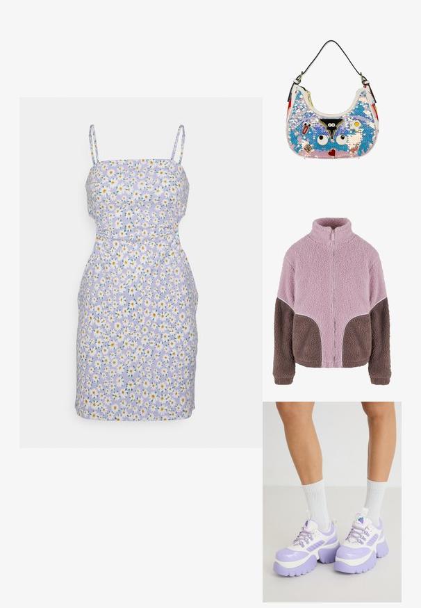 Karl Kani Fleecejas - rose taupe; Even&Odd by Zalando STRAPPY OPEN WAIST BODYCON MINI DRESS (EO-SS23-C130-SP) / 802 - BLACK - Jerseyjurk - lilac - 403_white - 001_yellow - 202; Chunky sneakers in wit en lavendel. Kenmerken zijn een glanzende afwerking, dikke zolen, paarse accenten en een druivenlogo op de tong.; Kleine handtas bedekt met iriserende blauw-roze pailletten met cartoon ogen, hart, gebakken ei en pins met "Nee" en "Ja!", zwarte band.
