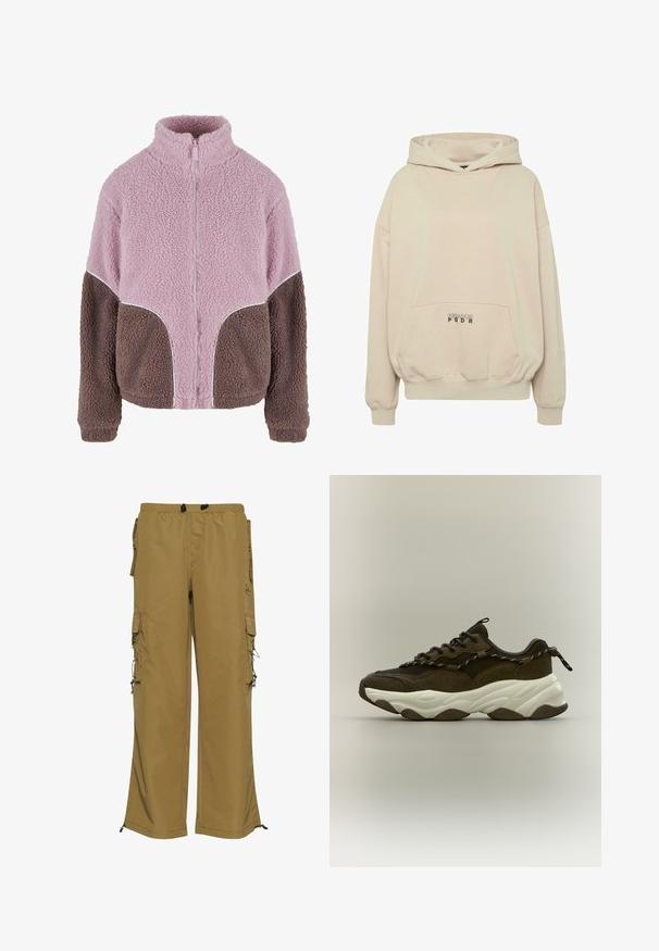 Karl Kani Fleecejacke - rose taupe; Beiger Hoodie mit Fronttasche, gerippten Bündchen und Kordelzugkapuze. "PECADOR PGDR" Schriftzug auf dem Taschenbereich.; Khakifarbene Cargo-Hosen mit elastischem Bund, mehreren Seitentaschen und verstellbaren Bündchen. Hergestellt aus einem strapazierfähigen Stoff mit glatter Textur.; Wuchtiger dunkelbrauner Sneaker mit Mesh- und Wildlederdetails, weißer dicker Sohle, schwarzen Schnürsenkeln und Zuglasche, seitlich vor neutralem Hintergrund gesehen.