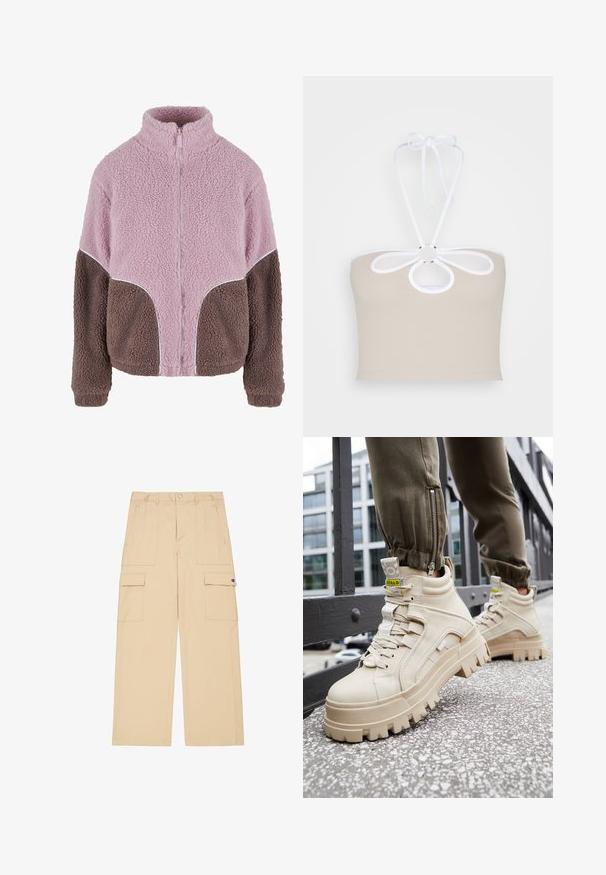 Karl Kani Fleecejas - rose taupe; Even&Odd by Zalando Top - taupe; Beige cargo-broeken met wijde pijpen, gemaakt van lichtgewicht stof. Voorzien van meerdere zakken en een klein logo-patch aan de voorkant.; Beige hoge sneakers met een chunky, gestructureerde zool, vetersluiting en gele accentlabels. Gestructureerde leren bovenkant met contrasterende stiksels.
