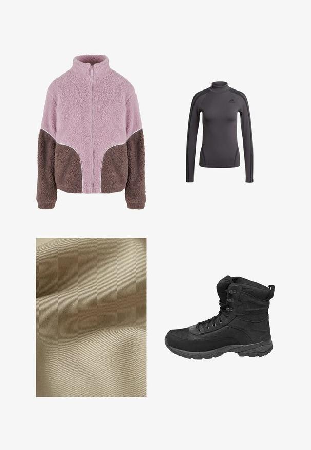 Karl Kani Fleecejacke - rose taupe; Graues Langarmshirt mit hohem Kragen, strukturiertem Stoff und schwarzen Akzentstreifen auf den Schultern, mit einem Adidas-Logo auf der Brust.; Beiger, strukturiertes Gewebe mit feinem, geripptem Muster. Das Material wirkt glatt mit einem subtilen Glanz und fällt sanft in Falten.; Schwarzer taktischer High-Top-Stiefel mit Mesh- und Wildlederpaneelen, vorderer Schnürung, gepolstertem Kragen und robuster Gummisohle.