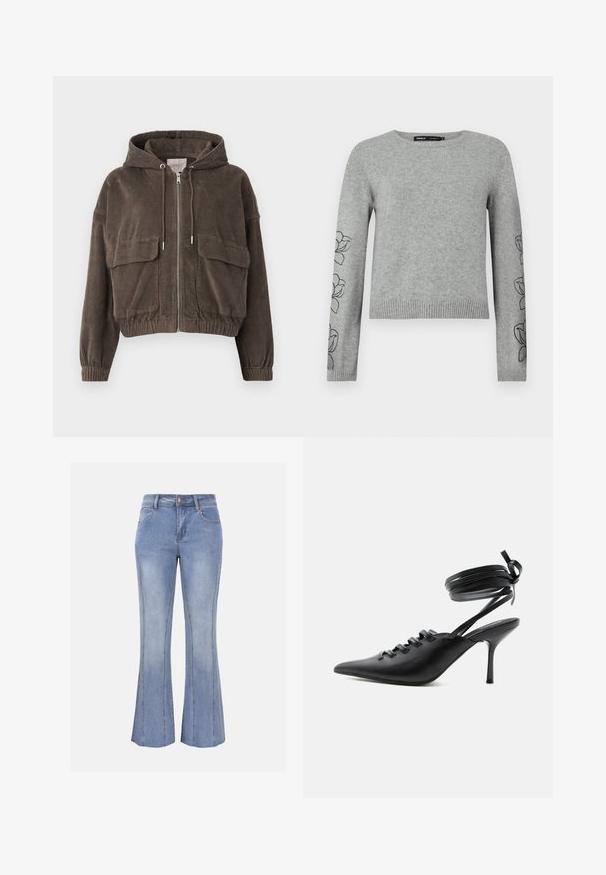 Veste en velours côtelé marron avec une capuche, fermeture éclair à l'avant, grandes poches plaquées, poignets élastiques et un design court. Texture douce avec des rayures verticales.; Pull en tricot gris avec manches longues, ourlet côtelé et broderies florales sur les manches. Encolure ronde et matériau texturé.; Jean en denim bleu clair avec une légère évasé, fermeture par bouton et fermeture éclair, poches avant et arrière, et détails visibles de coutures verticales.; Chaussure à talon haut noire à bout pointu avec laçage à l'avant et brides enroulées autour de la cheville nouées en nœud, vue de côté sur fond blanc.