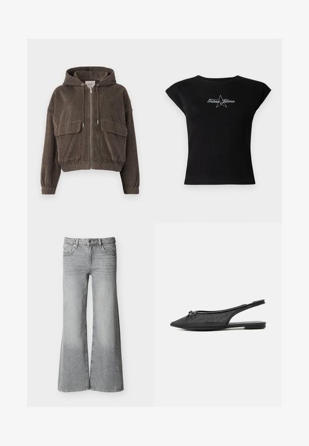 Braune Cordjacke mit Kapuze, Reißverschluss vorne, großen Pattentaschen, elastischen Bündchen und cropped Design. Weiche Textur mit vertikalen Rillen.; Schwarzes kurzärmeliges T-Shirt aus Baumwolle mit einem Stern-Design, auf dem vorne "Guess Jeans" in Weiß und mit Strasssteinen zu sehen ist.; Graue Jeans mit hoher Taille und weitem Bein, vorn mit Knöpfen und Reißverschluss sowie fünf Taschen, auf weißem Hintergrund präsentiert.; Schwarzer Slingback-Flachschuh aus Mesh mit spitz zulaufender Spitze und kleinem Schleifendetail oben, vor weißem Hintergrund präsentiert.