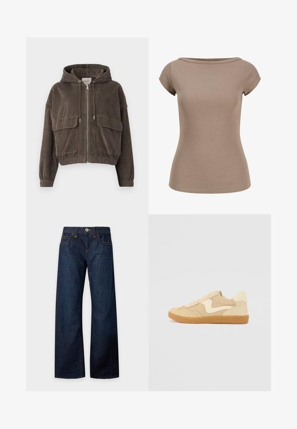 Braune Cordjacke mit Kapuze, Reißverschluss vorne, großen Pattentaschen, elastischen Bündchen und cropped Design. Weiche Textur mit vertikalen Rillen.; Kurzärmliges, geripptes Taupe-Top mit U-Boot-Ausschnitt und tailliertem Schnitt, auf weißem Hintergrund dargestellt.; Dunkelblaue Jeans mit weitem Bein, Knopf- und Reißverschluss, Vorder- und Gesäßtaschen, Gürtelschlaufen und Kontrastnähten, flach auf weißem Hintergrund ausgelegt.; Beige Sneaker aus Wildleder und Mesh-Materialien, runde Form, auffälliger gepolsterter Kragen und eine Sohle aus Gummi. Verfügt über ein wellenförmiges Design-Highlight.