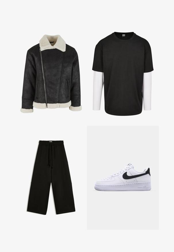 Zwarte nepleren jas met witte schapenvachtkraag, manchetten en zoom, voorzien van een asymmetrische zilveren rits en zijzakken.; Zwarte T-shirt met korte mouwen en een witte laag met lange mouwen eronder. Gemaakt van katoen met een ronde hals en een relaxte pasvorm.; Zwarte wijde broek met elastische tailleband en trekkoord, met een losse pasvorm en zijzakken.; Witte leren sneaker met een gestructureerde zwarte Swoosh, platte veters en een rubberen zool met een geribbeld patroon. "AIR" is in de hak geperst.