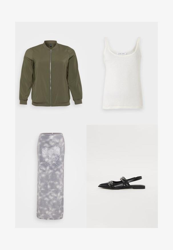 Veste bomber vert olive en tissu lisse, avec une fermeture éclair à l'avant, des poignets côtelés et un col rond. Style simple et fonctionnel.; Débardeur en coton blanc avec fines bretelles, présentant un décolleté arrondi et une texture légèrement transparente. L'ourlet est droit sans accents supplémentaires.; Jupe longue en sequin gris avec un design texturé à côtes et un motif nuageux doux. Présente une silhouette droite et une fermeture éclair au dos.; Even&Odd Ballerines à brides arrière - black