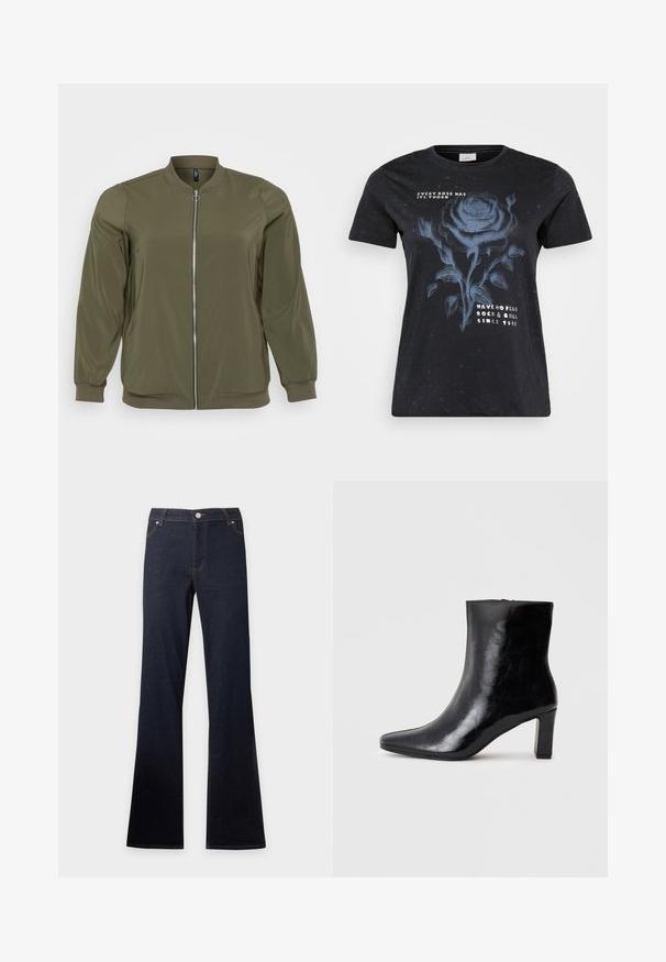 Ελαιώδης πράσινη bomber jacket κατασκευασμένη από μαλακό ύφασμα, με μπροστινό φερμουάρ, ριμπ μανσέτες και στρογγυλή λαιμόκοψη. Απλός και λειτουργικός σχεδιασμός.; ONLY Carmakoma CARMIKO WASHED SS REG TEE JRS - Μπλουζάκι με στάμπα - black; Σκούρο μπλε τζιν με ψηλή μέση και φαρδιά πόδια, με μπροστινές τσέπες, κουμπί και φερμουάρ.; Μαύρη κοτσύφι μπότες αστραφτερού δέρματος, με μυτερή μύτη και μεσαίο χοντρό τακούνι, με λεία υφή και απλό σχέδιο.