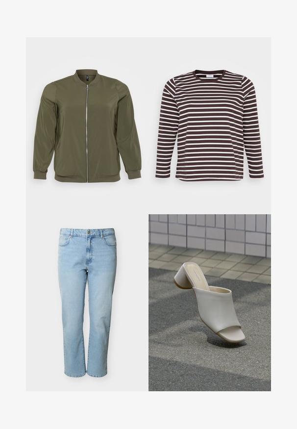 Veste bomber vert olive en tissu lisse, avec une fermeture éclair à l'avant, des poignets côtelés et un col rond. Style simple et fonctionnel.; Chemise à manches longues avec des rayures horizontales marron et blanches, encolure ronde et texture douce et lisse.; Jean en denim bleu clair avec coupe droite, cinq poches, fermeture par bouton et passants pour ceinture, présenté sur un fond blanc.; Mule blanche à bout ouvert avec talon bloc sur sol pavé près d'un mur carrelé, inclinée pour montrer les vues latérale et supérieure.