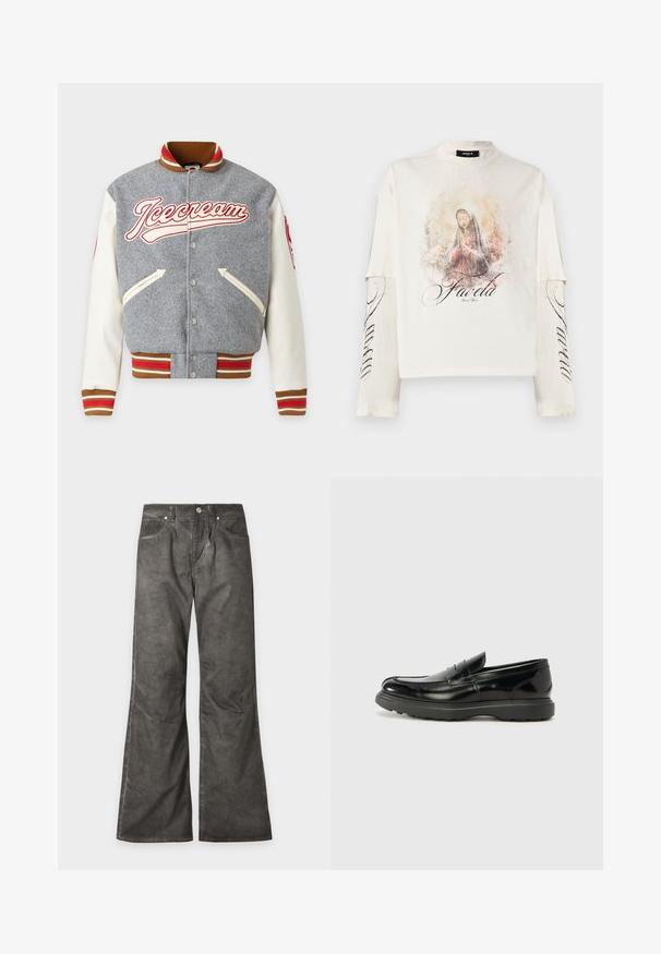 Veste varsity grise et blanche avec poignets et col rayés marron, rouge et blanc, poches avant, boutons pression et logo « Icecream » sur la poitrine.; Chemise blanche à manches longues avec manches superposées, présentant une illustration d'une femme en prière et le texte "Favela" sur le devant et la manche.; Pantalon gris foncé à jambes larges avec poches avant, fermeture par bouton et coutures visibles sur toute la surface.; Mocassin en cuir noir avec une finition brillante, bout arrondi, détails de couture subtils et semelle en caoutchouc épaisse pour la durabilité.