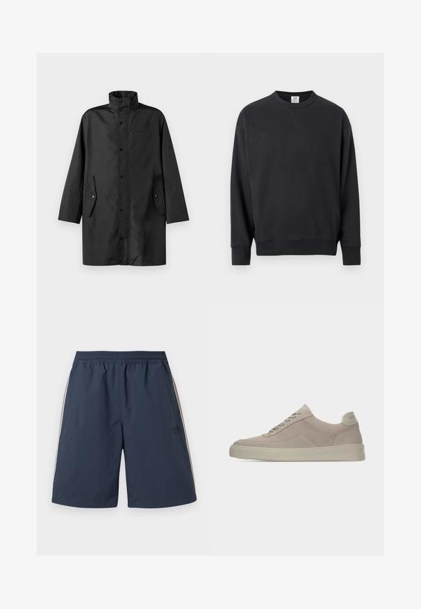 Schwarzer wasserdichter Mantel mit hohem Kragen, Druckknöpfen und Seitentaschen. Glattes Material mit lockerer, gerader Schnittführung.; Schwarzes Sweatshirt mit Rundhalsausschnitt und langen Ärmeln, mit gerippten Bündchen und Saum, das ein kleines gesticktes Detail unterhalb des Halsausschnitts aufweist.; Marineblaue Sportshorts mit elastischem Bund, seitlichen Taschen und dünnen weißen Streifen entlang der Außenseiten.; Beige Wildledersneaker mit strukturierter Oberfläche, abgerundeter Zehenpartie und tonalen Schnürsenkeln. Verfügt über eine dicke Gummisohle und dezente Markenkennzeichnung an der Ferse.