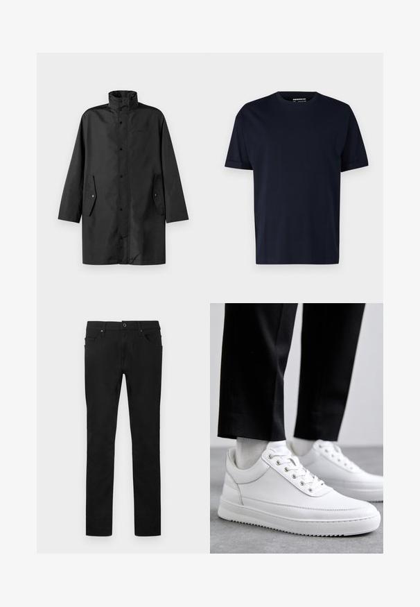 Schwarzer wasserdichter Mantel mit hohem Kragen, Druckknöpfen und Seitentaschen. Glattes Material mit lockerer, gerader Schnittführung.; Dunkelblaue Baumwoll-T-Shirt mit kurzen Ärmeln und rundem Ausschnitt, das eine glatte Textur aufweist und keine sichtbaren Muster oder Logos hat.; Schwarze Hose mit geradem Bein, Frontknopf und Reißverschluss, Gürtelschlaufen und Fünf-Taschen-Design vor weißem Hintergrund.; Weiße Leder-Sneaker mit flacher Gummisohle, ausgestattet mit einer glatten Oberfläche, runder Zehenpartie und Metallösen für die Schnürsenkel. Getragen mit schwarzen Hosen.