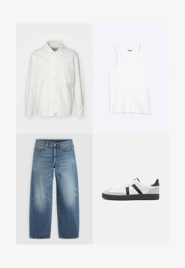 Camisa blanca de botones hecha de algodón, con cuello clásico, mangas largas y un bolsillo en el pecho. Textura suave, diseño sencillo.; Camiseta sin mangas blanca con cuello redondo y etiqueta de la marca Weekday en el interior del cuello trasero, mostrada plana sobre un fondo claro.; Vaqueros de denim azul con corte de pierna recta, botón y cremallera delanteros, y estilo con cinco bolsillos.; Zapatilla blanca con acentos en negro y gris, que presenta una puntera texturizada en gris, suela de goma negra y cordones planos blancos. Diseño limpio, estilo minimalista.