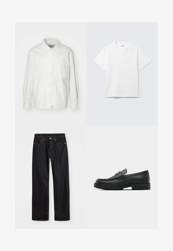 Witte overhem shirt van katoen, met een klassieke kraag, lange mouwen en een enkele borstzak. Glad oppervlak, eenvoudig ontwerp.; Witte T-shirt met korte mouwen en ronde hals, plat gelegd, effen ontwerp, met een "WEEKDAY" label in de kraag op een lichte achtergrond.; Heren straight-leg zwarte denim jeans met vijf zakken en oranje stiksels, knoop- en ritssluiting op de voorkant van de tailleband.; Zwarte leren instappers met een ronde neus, voorzien van een gestikt ontwerp, een lage platformzool en een gestructureerde, grof rubberen buitenzool.