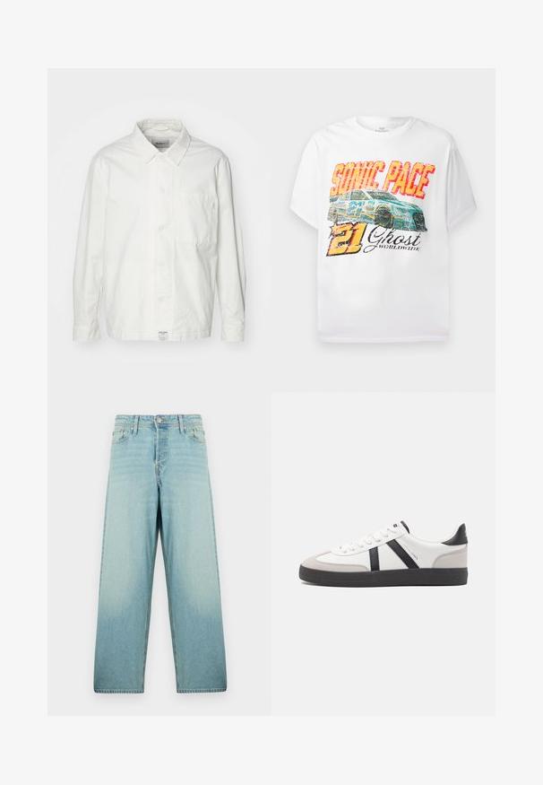 Weiße Button-Down-Hemd aus Baumwolle, mit klassischem Kragen, langen Ärmeln und einer Brusttasche. Glatte Textur, schlichtes Design.; Weißes T-Shirt mit einem Frontmotiv eines blauen Rennautos, "SONIC PACE" in fettem roten und gelben Text, darunter "21 Ghost Worldwide" in Schwarz.; Helle blaue weit geschnittene Jeans aus Denim mit einer ausgewaschenen Optik. Verfügt über einen Knopfverschluss vorne und ein Fünf-Taschen-Design.; Weiße Sneaker mit schwarz- und grau-aczenten, ausgestattet mit einer strukturierten grauen Zehenkappe, schwarzer Gummi-Sohle und flachen weißen Schnürsenkeln. Sauberes Design, minimalistische Stil.