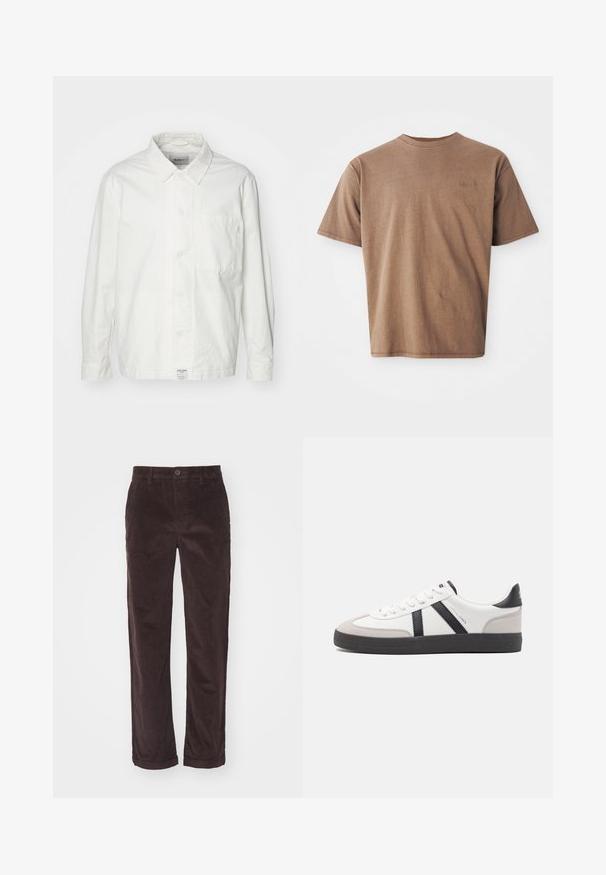 Hvid skjorte med knapper lavet af bomuld, med en klassisk krave, lange ærmer og en enkelt brystlomme. Glat tekstur, enkelt design.; Brun bomulds t-shirt med rund hals, korte ærmer og et diskret broderet logo på venstre brystområde. Glat tekstur, afslappet pasform.; Brune fløjl bukser med lige snit, der har knaplukning og oprettede manchetter, der viser en lodret ribbet tekstur.; Hvide sneakers med sorte og grå detaljer, med en tekstureret grå tåhætte, sort gummisål og flade hvide snørebånd. Rent design, minimalistisk stil.