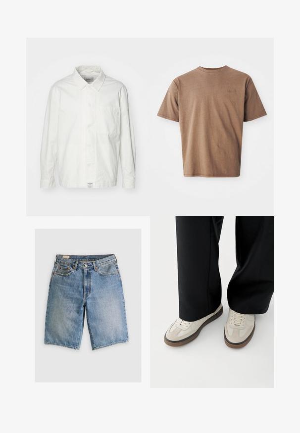Camisa blanca de botones hecha de algodón, con cuello clásico, mangas largas y un bolsillo en el pecho. Textura suave, diseño sencillo.; Camiseta de algodón marrón con cuello redondo, mangas cortas y un discreto logo bordado en la parte izquierda del pecho. Textura suave, ajuste relajado.; Pantalones cortos de mezclilla en azul claro con un corte clásico. Cuenta con cinco bolsillos, acentos de costura naranja y dobladillos sin acabar.; Pies con zapatillas beige con suelas marrones y pantalones negros de pierna ancha sobre un fondo blanco.