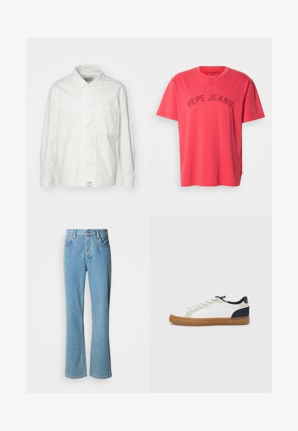 Hvid skjorte med knapper lavet af bomuld, med en klassisk krave, lange ærmer og en enkelt brystlomme. Glat tekstur, enkelt design.; Koralfarvet bomulds-T-shirt med korte ærmer og rund halsudskæring. Har "PEPE JEANS" trykt i mørke bogstaver hen over brystet.; Lyseblå denim flare jeans med høj talje, lodrette striber og fem-lomme-design med knaplukning foran.; Hvide lærreds-sneakers med marineblå og grå ruskindsdetaljer. Har en sål af gummigummi, rundet snude og klassisk snøredesign.