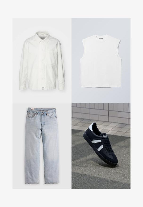 Chemise blanche à boutons en coton, dotée d'un col classique, de manches longues et d'une poche poitrine unique. Texture lisse, design simple.; Haut blanc sans manches en coton à col rond avec épaules structurées, marqué "WEEKDAY" sur l'étiquette du col, présenté sur un fond gris clair.; Jeans droits bleu clair à taille haute, avec fermeture à boutons et poches avant et arrière, présentés sur une surface plate.; Sneaker en cuir noir avec des rayures blanches, semelle en caoutchouc texturée et devant à lacets. Présente une étiquette de marque sur la languette.