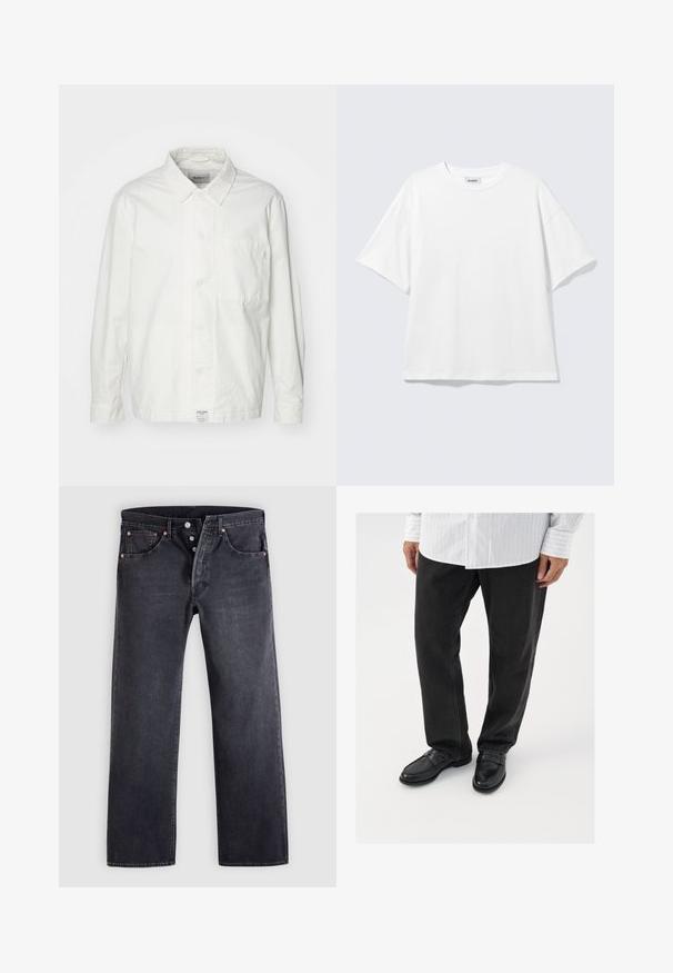 Chemise blanche à boutons en coton, dotée d'un col classique, de manches longues et d'une poche poitrine unique. Texture lisse, design simple.; T-shirt blanc oversize à manches courtes, col rond, épaules tombantes, posé à plat sur fond gris clair.; Jean en denim noir avec une coupe droite, design à cinq poches, et boutons en cuivre. Texture lisse avec une légère finition délavée.; Pantalons en denim noir associés à des mocassins noirs brillants. La chemise est blanche avec de fines rayures verticales, avec des manches longues et un col boutonné.