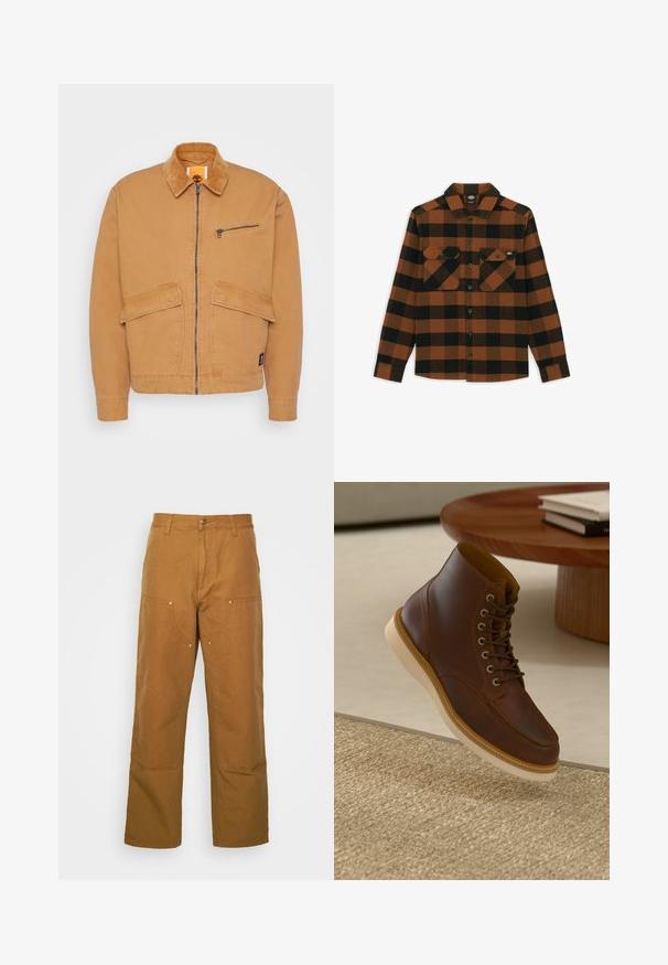Veste beige avec un col en velours côtelé, fermeture éclair à l'avant et deux grandes poches. Comprend une petite poche poitrine zippée et un patch logo.; Chemise à manches longues en motif écossais orange et noir, fabriquée dans un tissu texturé. Comprend deux poches poitrine et une fermeture à boutons.; Pantalons utilitaires en coton marron avec une coupe droite, dotés de poches avant et d'accents en métal pour une durabilité accrue.; Bottine en cuir marron avec semelle beige sur un tapis beige texturé à côté d'une table ronde en bois avec des livres empilés.