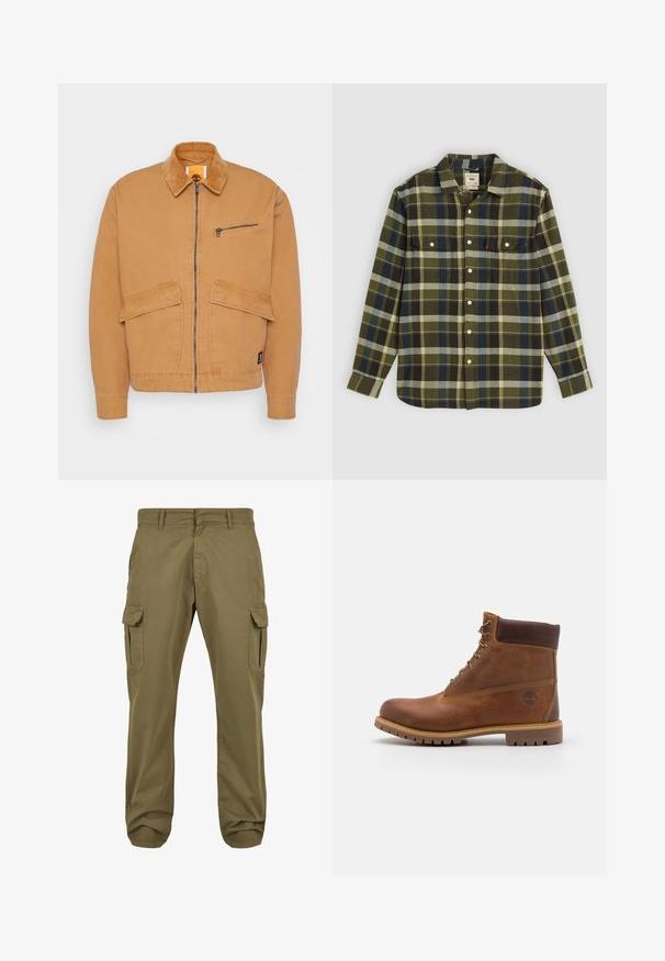 Veste beige avec un col en velours côtelé, fermeture éclair à l'avant et deux grandes poches. Comprend une petite poche poitrine zippée et un patch logo.; Chemise en flanelle à carreaux verts avec manches longues, dotée de deux poches poitrine et de boutons blancs. Le matériau a une texture douce et un design décontracté.; Pantalons cargo verts avec une coupe droite, en coton, dotés de poches latérales et d'une fermeture à bouton pour plus de fonctionnalité. Texture lisse, design décontracté.; Botte de randonnée en cuir marron avec une finition lisse, cheville rembourrée, œillets en métal et semelle en caoutchouc dotée d'un motif de crampons robuste.