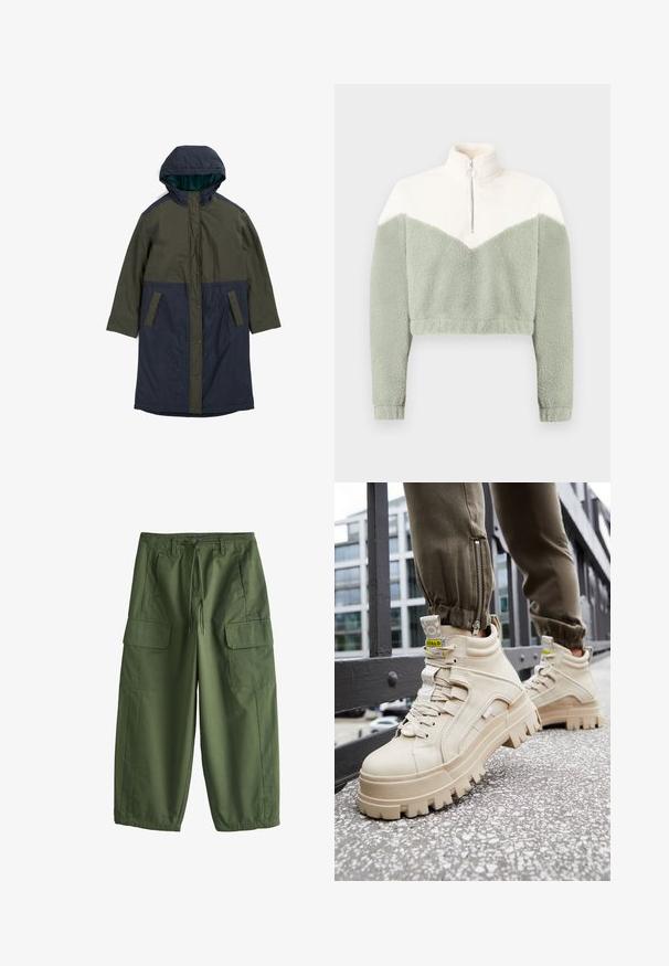 Langer, kapuzen föhn in Dunkelgrün und Marineblau, aus glattem Stoff gefertigt. Verfügt über Druckknöpfe und zwei Vordertaschen. Minimalistisches Design.; Gekürzte Fleecejacke mit halbhohem Reißverschlusskragen in Creme- und Hellgrüntönen, mit Chevron-Design und weichem, strukturiertem Stoff.; Olivgrüne Cargohose mit Kordelzug am Bund, Gürtelschlaufen, Seitentaschen und Klappentaschen an den Oberschenkeln, weiter Schnitt mit elastischen Bündchen.; Beige High-Top-Sneaker mit einer klobigen, texturierten Sohle, Schnürdesign und gelben Akzent-Tags. Obermaterial aus strukturiertem Leder mit kontrastierenden Nähten.