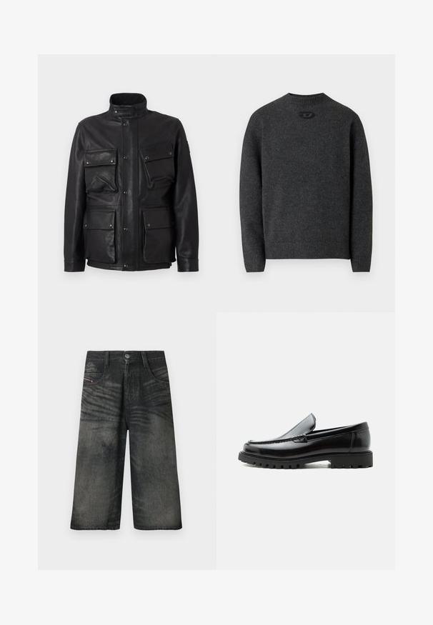 Schwarze Lederjacke mit hohem Kragen, mehreren Fronttaschen und Druckknopfverschlüssen. Glatte Textur und strukturiertes Design.; Dunkelgrauer Pullover aus weichem Strickstoff mit Rundhalsausschnitt sowie gerippten Bündchen an Ärmeln und Saum. Mit kleinem Logodetail auf der Rückseite.; Schwarze Denim-Shorts mit weitem Bein, vorne mit Knöpfen, Reißverschluss, Gürtelschlaufen und verblassten Designdetails.; Schwarzer Lederloafer mit grober Gummisohle, genähter Oberseite und geprägtem Markennamen an der Ferse, seitlich auf weißem Hintergrund gezeigt.