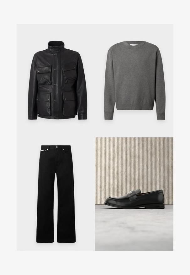 Schwarze Lederjacke mit hohem Kragen, mehreren Fronttaschen und Druckknopfverschlüssen. Glatte Textur und strukturiertes Design.; Grauer Rundhals-Pullover aus weichem Strickmaterial. Mit langen Ärmeln und gerippten Bündchen und Saum. Minimalistisches Design ohne sichtbare Logos.; Schwarze Denim-Hose im weiten Bein-Design mit fünf Taschen und metallenen Knopfdetails. Glatte Textur, ohne sichtbare Muster.; Schwarzer Lederloafer mit einer Metallmarkenplatte, der nahe einem braunen runden Tisch auf beigem Teppichboden ruht.