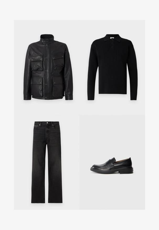 Schwarze Lederjacke mit hohem Kragen, mehreren Fronttaschen und Druckknopfverschlüssen. Glatte Textur und strukturiertes Design.; Schwarzes Polohemd mit langen Ärmeln aus weichem Material, mit Kragen, dreiknöpfiger Blende und kleiner Brusttasche.; Schwarze Jeans mit geraden Beinen, fünf Taschen, Gürtelschlaufen und Knopfverschluss, auf weißem Hintergrund dargestellt.; Schwarze Leder-Pantoletten mit niedrigem Absatz und dezentem Calvin Klein-Logo an der Seite, im Profil vor einem weißen Hintergrund dargestellt.