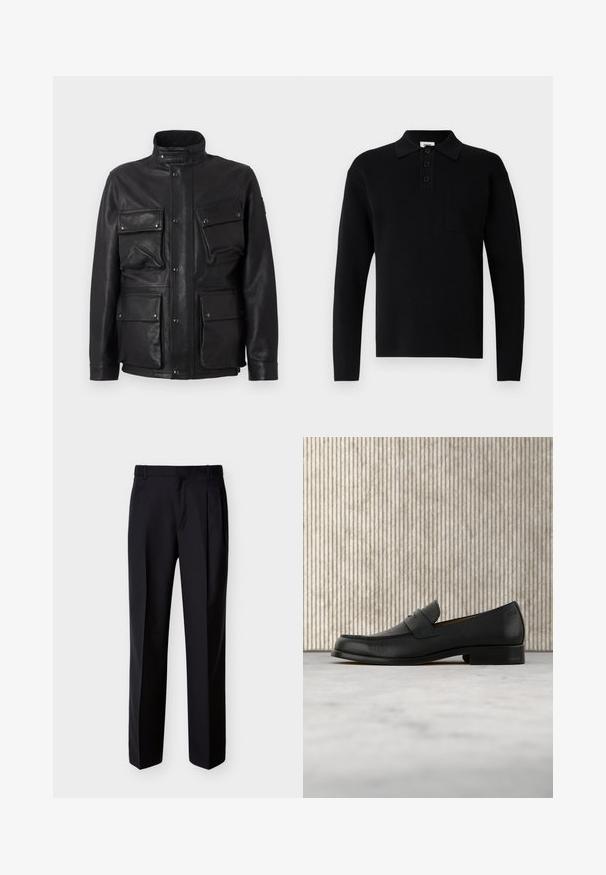 Sort læderjakke med høj krave, flere frontlommer og trykknaplukninger. Glat tekstur og struktureret design.; Sort langærmet poloshirt lavet af blødt materiale, med krave, tre-knaps lukning og en lille brystlomme.; Sorte skræddersyede bukser med lige snit, foldet forstykke og sidelommer. Fremstillet af et glat, let stof med et ensartet mønster.; Sort lædersko i loafer-stil svæver over et beige tæppe med et blankt brunt rundt bord i baggrunden.