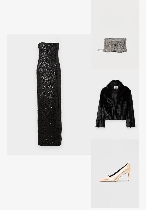 Sort faux fur cropped jakke med bred revers, blød tekstur og lange ærmer. Indvendigt foret med glat stof, mærke synligt.; Sort aftenkjole uden stropper med en tætsiddende silhuet, dækket af palietter, med en lige udskæring og en gulvlængdekant.; Beige metallic højhælet pumpe med spids tå, glat tekstur og sort indvendig. Har en lille logo detalje på hælen.; Glitrende grå håndtaske med en tekstureret overflade, der har en stor sløjfe-accent på forsiden og en kædrem. Kompakt rektangulær form.