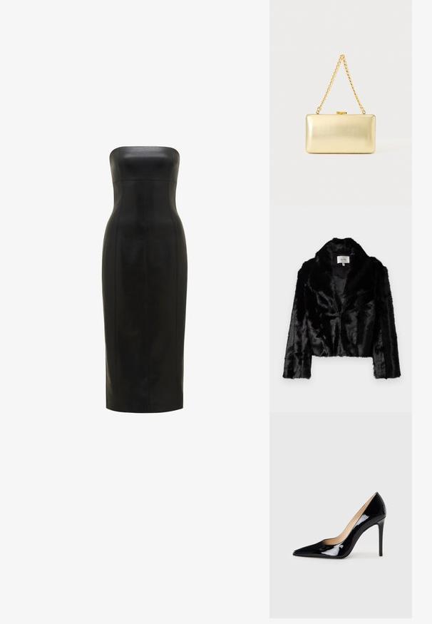 Sort faux fur cropped jakke med bred revers, blød tekstur og lange ærmer. Indvendigt foret med glat stof, mærke synligt.; Sort, stropløs læderkjole med en tætsiddende silhuet, knælængde, glat overflade og lodrette sømme for definition.; Sorte lakerede højhælede sko med en spids tå-design og en strømlinet silhuet. Har en glat, skinnende finish og en slank stiletto-hæl.; Rektangulær guld clutch taske med skinnende overflade, metal-lås og kort guldkædehank mod en lys ensfarvet baggrund.