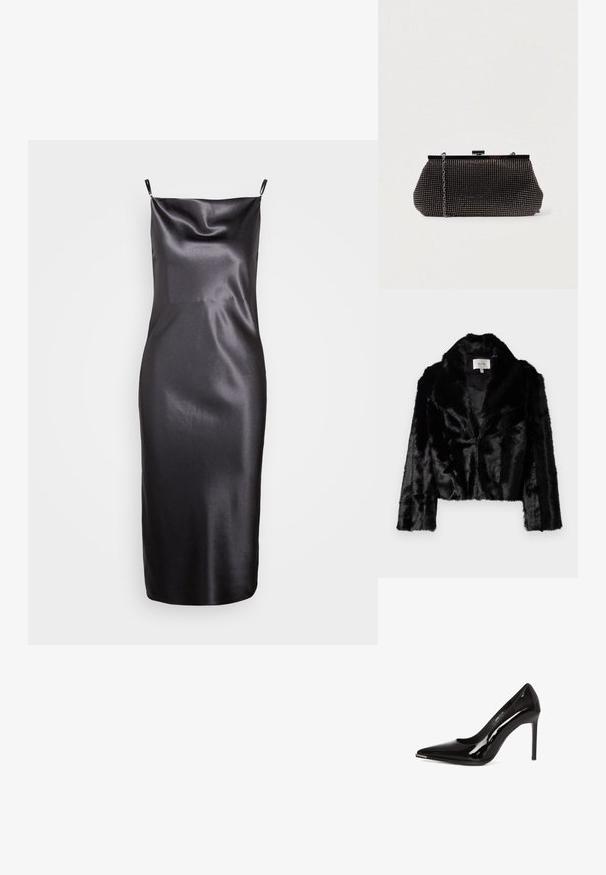 Sort faux fur cropped jakke med bred revers, blød tekstur og lange ærmer. Indvendigt foret med glat stof, mærke synligt.; Samsøe Samsøe FREDERICKA LONG DRESS - Cocktailkjole / festkjole - ombre dark; Sorte lakerede højhælede pumper med spidse tæer og en metallisk detalje på tåhætten. Har et slankt design og en glat overflade.; Sort mesh clutch-taske med en struktureret silhuet, prydet med små metalstuds, har en låsemekanisme og en aftagelig kæderekke.