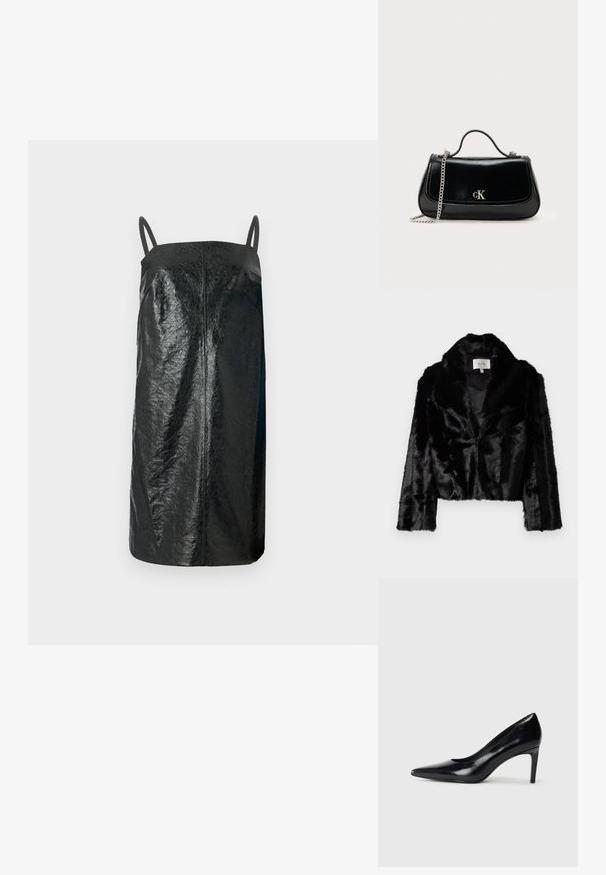 Sort faux fur cropped jakke med bred revers, blød tekstur og lange ærmer. Indvendigt foret med glat stof, mærke synligt.; Sorte ærmeløs kjole lavet af struktureret materiale, med et simpelt, lige design, tynde stropper og en mid-length skæring.; Sort læder højhælede sko med spids tå, glat tekstur og en taperet hæl. Minimalistisk design uden yderligere udsmykninger.; Sort læderhåndtaske med en kædestrop, struktureret form og et sølvlogo. Glat overflade med flaplukning.