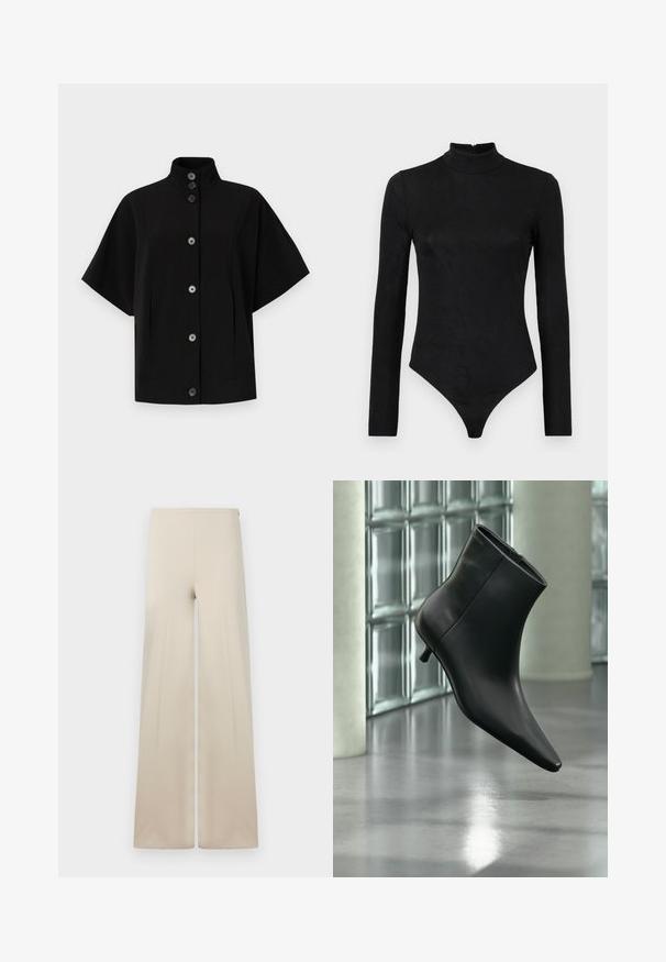 Veste noire à manches courtes avec un col haut, fermeture à boutons sur le devant et poches latérales. Fabriquée en tissu lisse et structuré avec un design minimaliste.; Body noir à manches longues avec un col montant et une texture subtile. Comprend une fermeture éclair au dos et un design de bas en thong.; Pantalons amples beiges en tissu doux avec une texture lisse. Dotés d'une taille élastique haute pour le confort et d'un design épuré et minimaliste.; Bottine en cuir noir à bout pointu et petit talon kitten, présentée en angle devant un sol poli et un mur en blocs de verre.