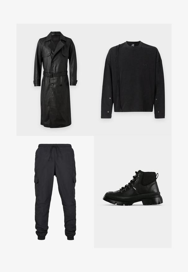AllSaints NEO - Trench - black; Sweatshirt noir à manches longues avec un col ras du cou, présentant un logo discret à l'avant et des détails pression sur les manches, fabriqué en tissu doux.; Pantalons cargo noirs avec une taille élastique et un cordon de serrage, comprenant des poches latérales et des ourlets à manches. Fabriqués dans un tissu léger et durable.; Botte en cuir noire montant à la cheville avec semelle épaisse nervurée, œillets métalliques et logo "KARL" embossé sur le panneau latéral.