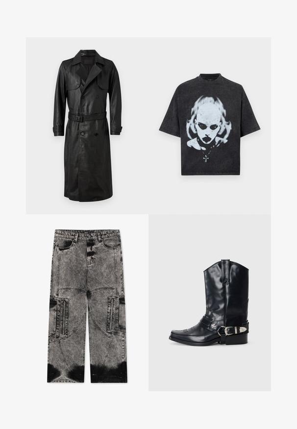 AllSaints NEO - Trench - black; T-shirt noir oversize avec un graphisme blanc représentant une personne chauve aux yeux foncés, rouge à lèvres, piercings et un collier avec un pendentif en forme de croix.; FAVELA BIG POCKET - Jean large - black acid washed; Botte de cowboy en cuir noir avec un bout pointu, une tige haute, des coutures décoratives et une quincaillerie en argent sur la sangle. Fini texturé.