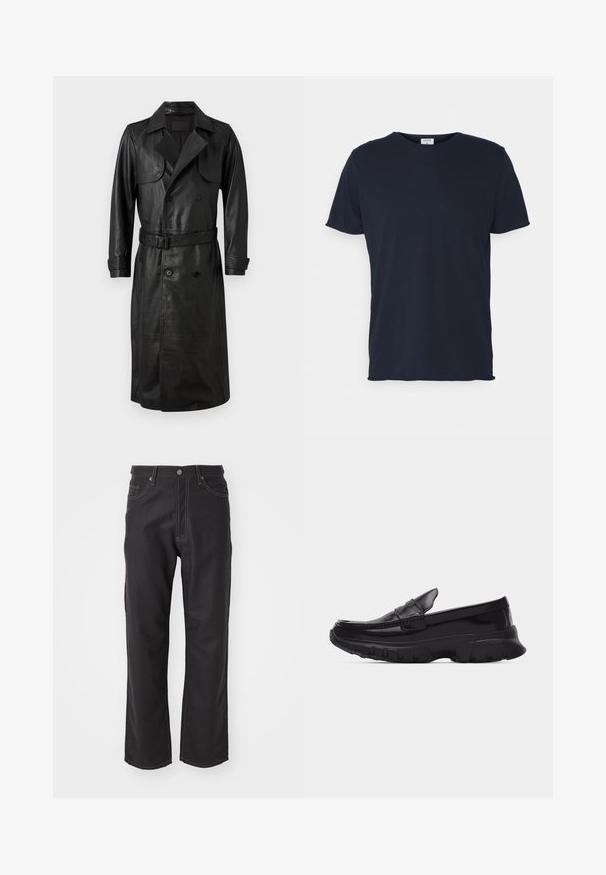 AllSaints NEO - Trench - black; T-shirt en coton bleu marine avec un col rond et des manches courtes, présentant une texture lisse et un design simple, sans motifs ni accents visibles.; Jeans en denim noir avec une coupe droite, dotés de coutures orange contrastantes, d'un design à cinq poches et d'une fermeture à bouton classique.; Mocassin noir brillant avec semelle épaisse texturée et détails cousus, profil latéral sur fond gris clair uni.