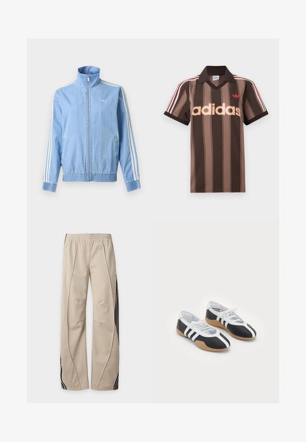 Light blue zip-up track jacket with white three-stripe detailing on sleeves and small embroidered logo on left chest.; Brown striped Adidas polo shirt with a V-neck, burgundy collar, and red logo. Features white and red shoulder stripes, short sleeves.; Beige track pants with elastic waistband and black vertical stripes along the outer sides of the legs.; Black and white athletic shoes with a sleek design, rubber sole, lace-up closure, and three white stripes on the sides.