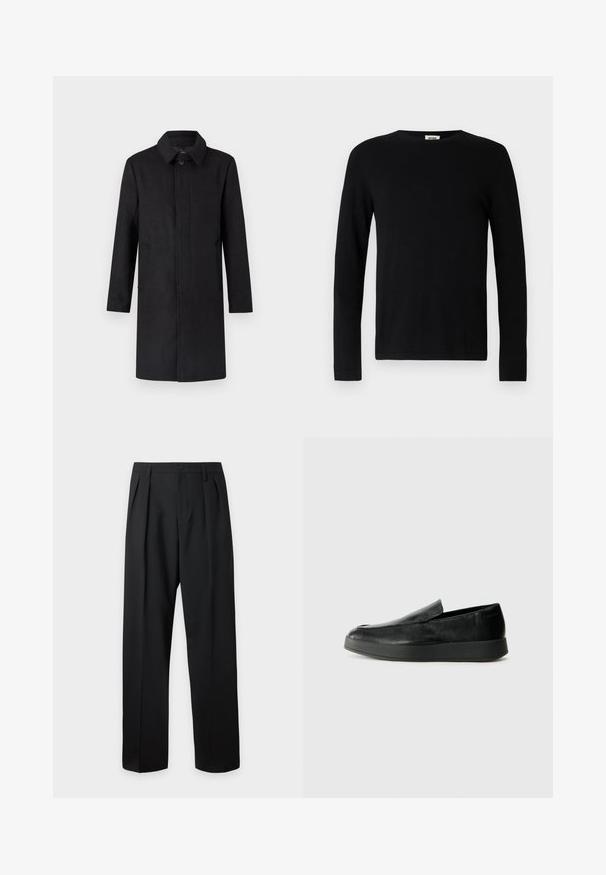 Manteau en laine noire avec un col cranté, des manches longues et des poches latérales. Le design est droit, avec une fermeture boutonnée à l'avant.; T-shirt noir à manches longues avec un col rond, en tissu doux, présentant une coupe droite et sans motifs ni accents visibles.; Pantalon noir taille haute, sur-mesure, avec passants pour ceinture, plis sur le devant, fermeture par bouton et jambes droites larges sur fond clair.; Calvin Klein HYBRID CUP - Chaussons - triple black