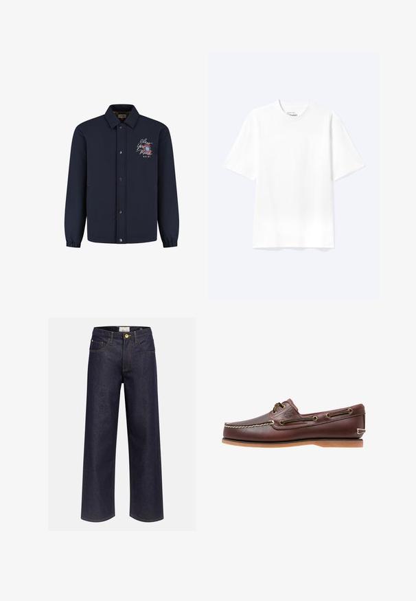 Marineblauwe knoopjacks met kraag, elastische manchetten en geborduurde tekst "Clear Your Mind" met bloemdesign op de linkerborst.; Effen witte T-shirt met korte mouwen en ronde hals, met een losse pasvorm, weergegeven op een lichte achtergrond.; Donkerblauwe denim jeans met wijd uitlopende pijpen, hoge taille, voorzakken, riemlussen en zichtbare gele stiksels, afgebeeld tegen een effen achtergrond.; Bruine leren bootschoen met witte stiksels, veterdetails en beige rubberen zool, zijaanzicht op een witte achtergrond.